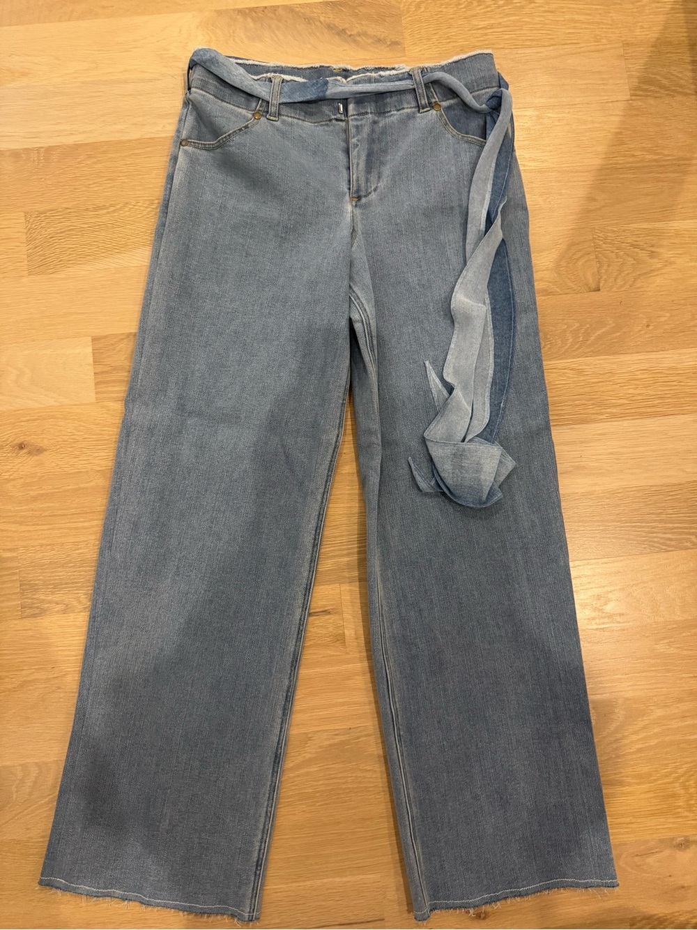 Lovers + Friends Straight Leg Light Blue Denim Jeans with Waist Tie